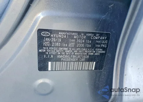 2019 Hyundai Elantra Sel z USA, uszkodzony, nr VIN KMHD84LF8KU871608